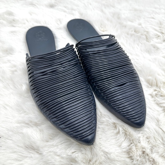 Tory Burch Sienna Woven Navy‎ Blue Leather Mules Slide Sandals